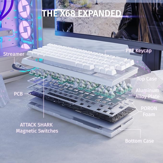 ATTACK SHARK X68 HE Rapid Trigger Mechanical Gaming Keyboard 60% Wired TKL with Adjustable Actuation,Hall Effect Magnetic Switch,8KHz Polling Rate,RGB Backlit,Top Mount for PC Mac Esport Gamer(White)