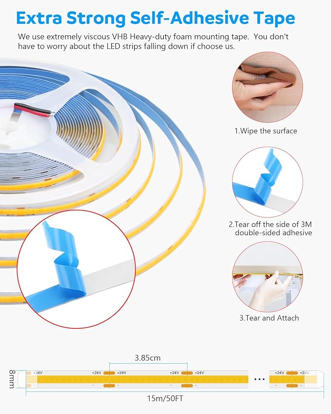 Aclorol COB Led Strip Lights 24V 50FT Led Rope Lights for Bedroom Warm White 3000K 320Leds/m CRI85+ Flexible LED Tape Lighting for Party Home Indoor Decor 15M (Power Supply & LED Dimmer Not Included)…