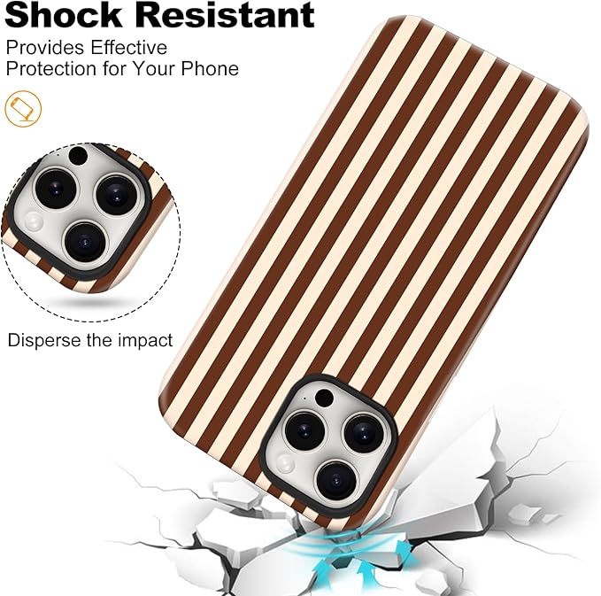 Magnetic for iPhone 16 Pro Max Case Cute Stripes Phone Case, Shockproof Slim TPU and Hard PC Protective Phone Cover Compatible with MagSafe Designed for Women Girls, Brown