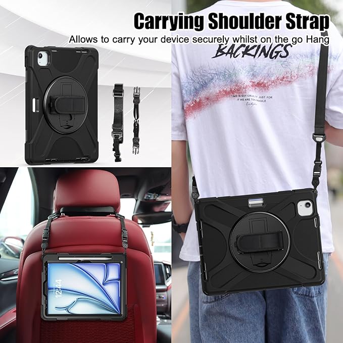 TSQQST Case for iPad Air 11 Inch M4 2026/M3 2025/M2 2024, Cover for iPad Air 5th 4th Generation 10.9"/Pro 11 4th/3rd/2nd/1st Heavy Duty Shockproof Case with Screen Protector+Stand+Hand Strap, Black