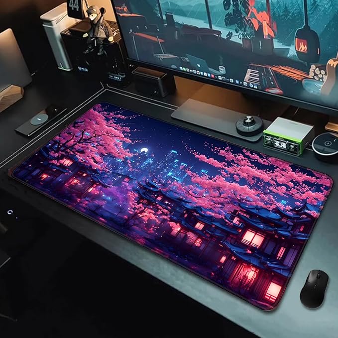 Simpkeely Fantasy Night City Gaming Mouse Pad, Blacklight Japanese Residential Buildings Landscape Neon Large Waterproof UV Reactive Non-Slip Rubber Base Mousemat for Office Home - 31.5" x 11.8"