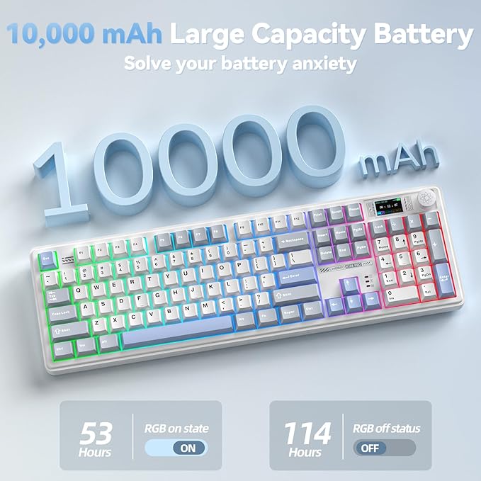 CORBOBO LINGBAO K108 Pro Wireless Mechanical Keyboard with Screen & Knob, Full Size Creamy Keyboard with Number Pad, 10000mAh Battery, PBT Keycaps, RGB Backlit, Hot-swappable Gaming Keyboards