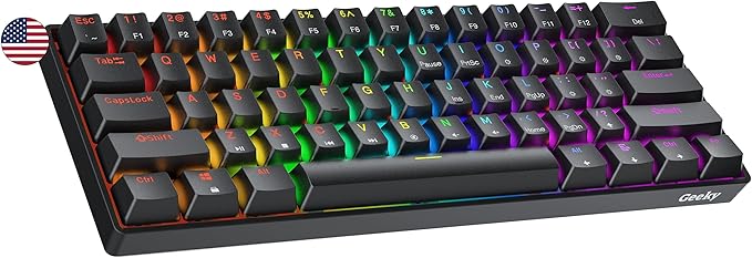Geeky GK61 60% | Hot Swappable Mechanical Gaming Keyboard | 61 Keys Multi Color RGB LED Backlit for PC/Mac Gamer | ANSI US American Layout (Black, Mechanical Speed Silver)
