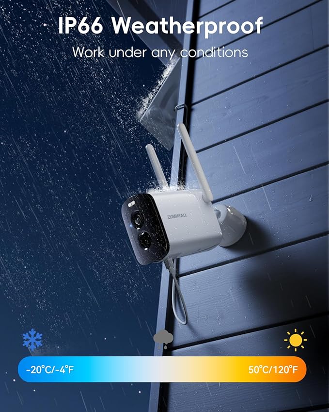 ZUMIMALL Solar Security Cameras Wireless Outdoor - 4 Packs, 2K Camera for Home Security with Color Night Vision, 2.4GHz WiFi, 2-Way Talk, Spotlight & Siren, IP66 Weatherproof, Compatible with Alexa