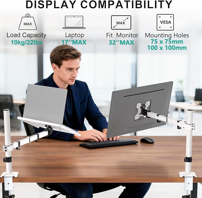 WALI Laptop Desk Mount for 17 inch Notebook, Adjustable Single Monitor Arm with Laptop Holder for 32 inch Screen, Laptops Stand with Ventilated Tray, Up to 22 lbs, (M00LP-W), White