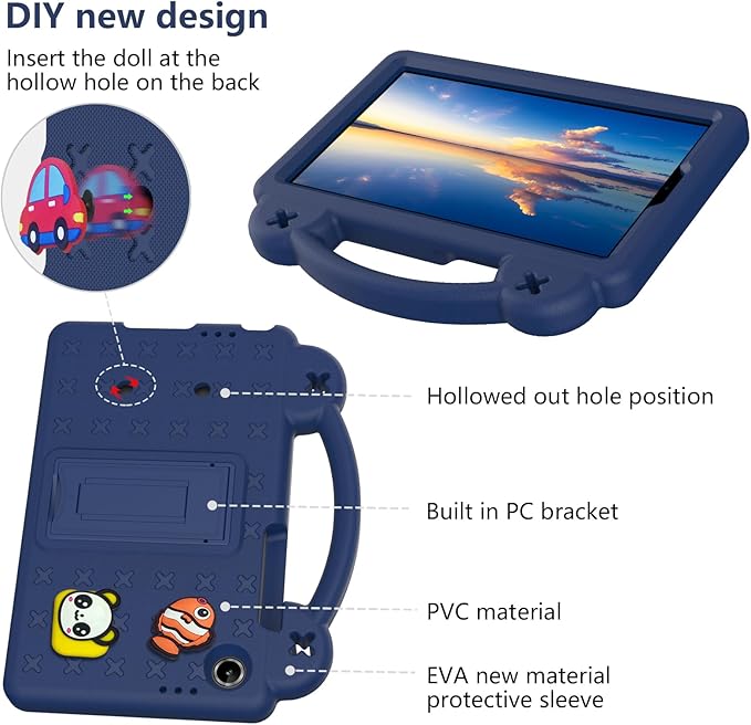 AKABEILA Compatible with Lenovo Tab One 2025 8.7 inch Tablet Case, Kids Friendly Universal Lightweight Shockproof Protective Case with Shoulder Strap & Stand Handle Navy Blue