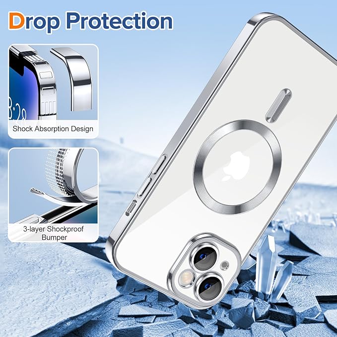 Hython Magnetic Clear for iPhone 14 Case with Camera Lens Protector [Compatible with MagSafe] Luxury Plating Edge Slim Soft TPU Cover Protective Phone Case for iPhone 14 6.1", Silver