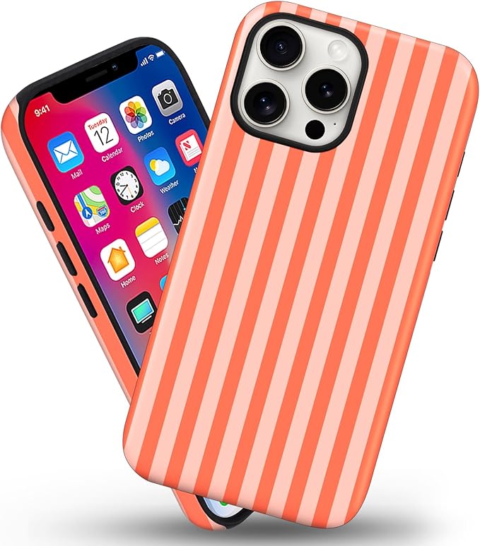 Magnetic for iPhone 15 Pro Case Cute Stripes Phone Case, Shockproof Slim TPU and Hard PC Protective Phone Cover Compatible with MagSafe Designed for Women Girls, Deep Orange