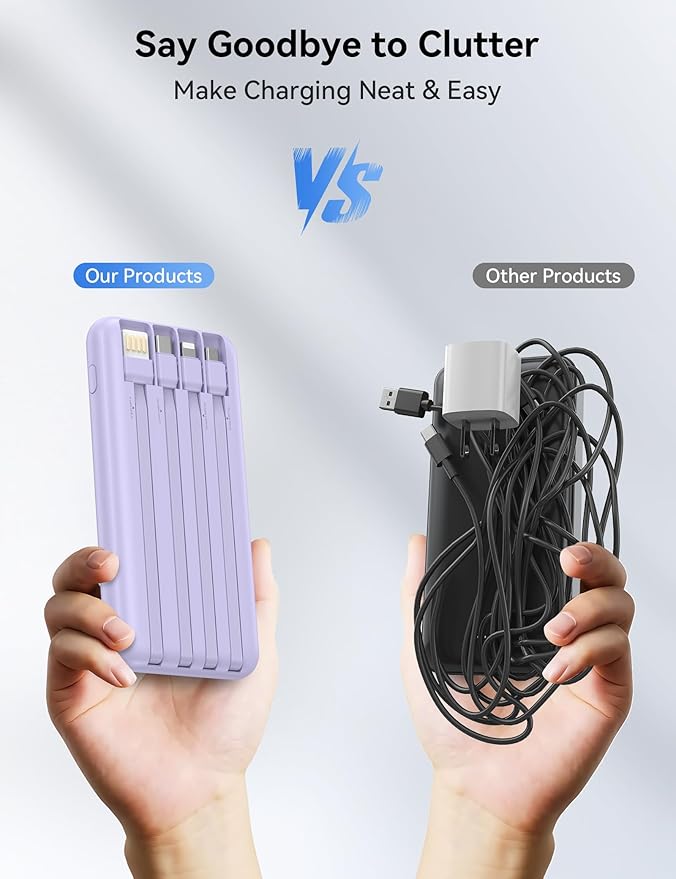 Portable Charger, 10000mAh 22.5W Fast Charging Power Bank with 4 Built-in Cables, Travel Essentials Battery Pack with LED Display, 6 Outputs Charging Bank Compatible with iPhone, iPad, Samsung Purple