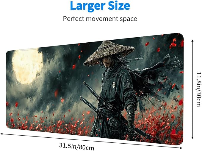 Warrior Desk Mat Swordsman Japanese Anime XL Mouse Pad Large Mousepad Extended Laptop Keyboard Mat Gaming Desk Pad Mouse Mat Professional Desk Pad for Office Equipment 31.5x11.8 Inch