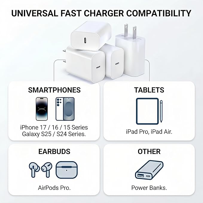 [4-Pack] 20W USB-C Charger Block – Fast Wall Power Adapter Compatible with iPhone 17/16/15/14 Series, Galaxy S25/S24 & iPad – Multi-Device Type C Charging Cube
