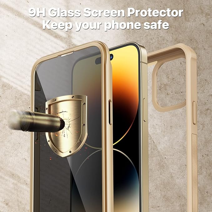 CENHUFO Privacy for iPhone 14 Pro Case, Full Body Phone Case with Built-in 9H Tempered Glass Privacy Screen Protector and Camera Lens Protector, Anti Peep Spy Shockproof Bumper Clear Cover - Beige