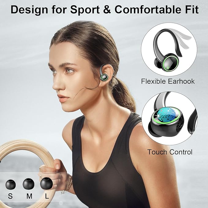 Wireless Earbuds, 2026 Bluetooth 5.4 Headphones Sports, 50 Playback Over-Ear buds with 4 ENC Noise Cancelling Mics Deep Bass Fitness Earphones Gym Running Workout, IP7 Headset with Earhook LED Display