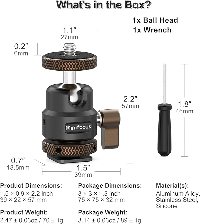 MINIFOCUS Metal Ball Head Camera Mount 360 Rotating with 1/4" Screw and Cold Shoe Adapter, 11lbs/5kg Load for 1/4" Tripod, Monopod, DSLR, Flash, Cell Phone Holder, Action Camera