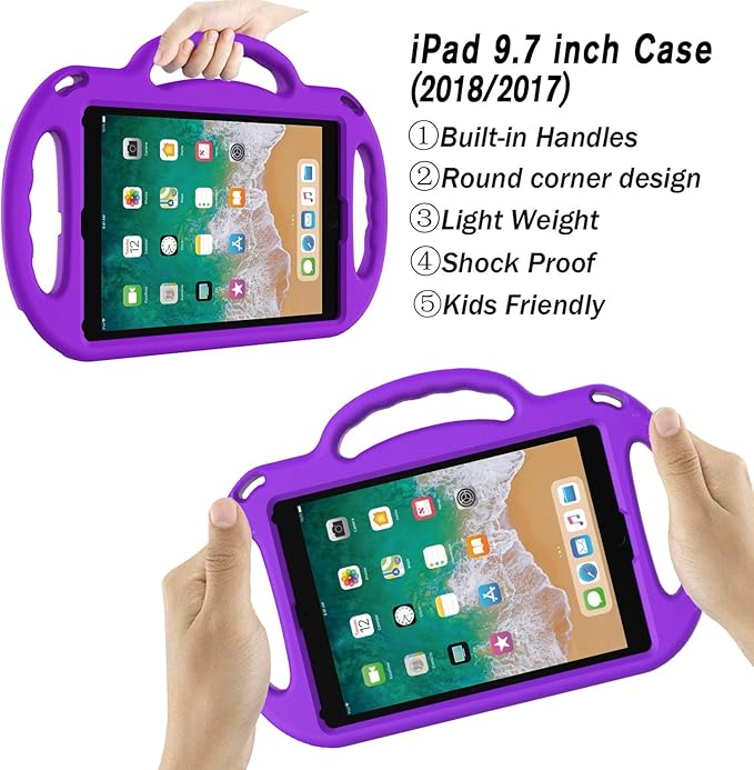 LTROP Kids Case for iPad 5th/6th Generation (2017/2018) & Air 2, Shoulder Strap Handle Stand Shockproof Bumper Cute Kid Case for iPad 9.7 Inch, Purple