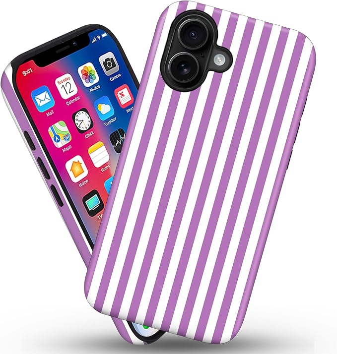 Magnetic for iPhone 16 Case Cute Stripes Phone Case, Shockproof Slim TPU and Hard PC Protective Phone Cover Compatible with MagSafe Designed for Women Girls, Purple