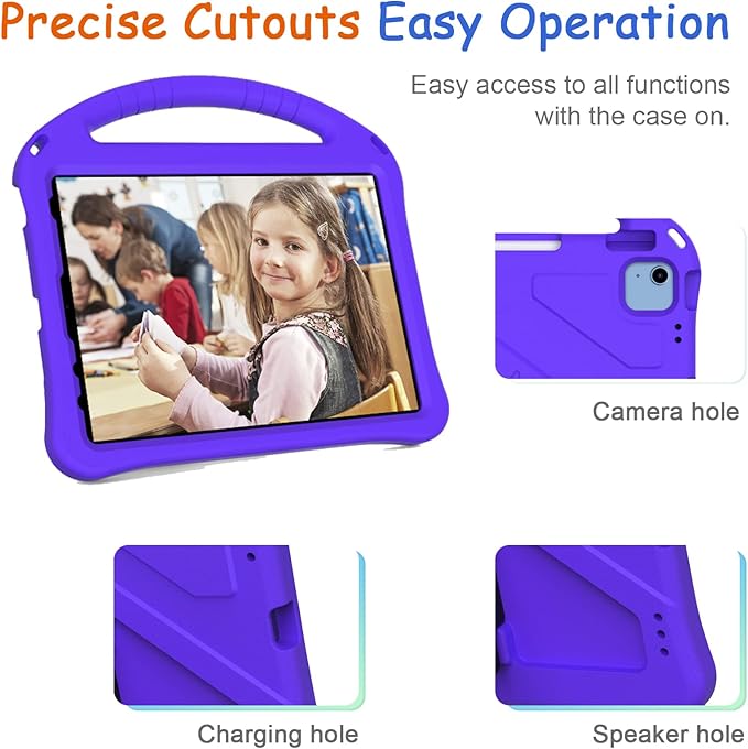 Kids Case for iPad A16 11th/10th Generation 2022/2025 11-Inch iPad Cover with Pencil Holder, Techcircle Lightweight Shockproof EVA Foam Rugged Handle Stand Anti-Slip Grip Protective Case, Purple