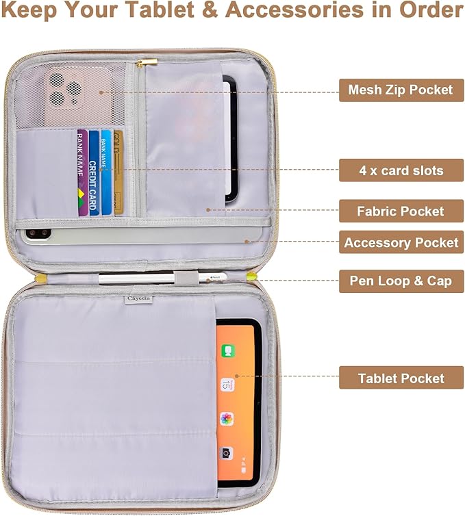 Puffy iPad Sleeve Case, Padded Pouch Bag for iPad Pro 11 (2022-2018), iPad 10.9 (10th Gen), iPad Air (5/4th Gen), Galaxy Tab S9/S8, Portable Tablet Cover with Front Pocket, Khaki-11