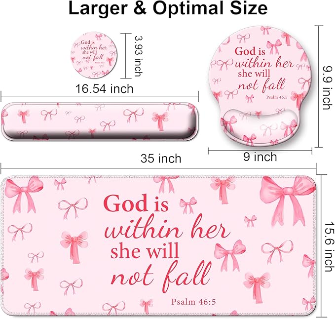 Mouse Pad + Desk Mat + Keyboard Wrist Rest + Coaster 4 in 1 Set, Cute Ergonomic Large Gaming Mousepad with Wrist Rest Support Desk Pad for Computer Laptop Office Home Decor-Pink Bow