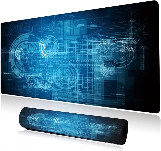 Extended Large Gaming Mouse Pad Abstract Blue Futuristic Tech XXL Size Keyboard Mouse Mat Desk Pad with Non Slip Rubber Base Stitched Edges Office Decor for Women Girls Men,35.4 x 15.7inch
