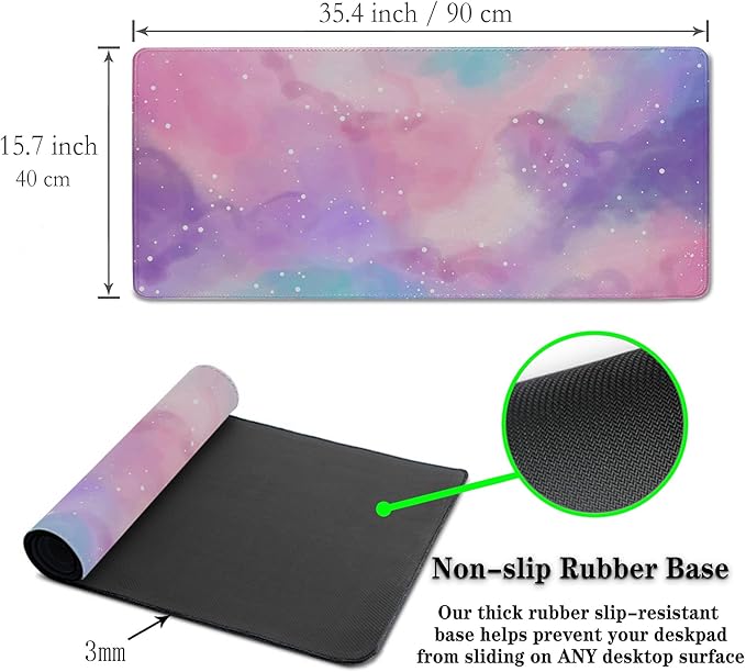 Gaming Pink Mouse Pad Purple Game Mat Big Mouse Pads Desk Mat for Women Computer Mat Pc Gaming Mouse Pad Waterproof Non-Slip Rubber Base 35.4" X 15.7" for Game Office, Starry Sky Cute