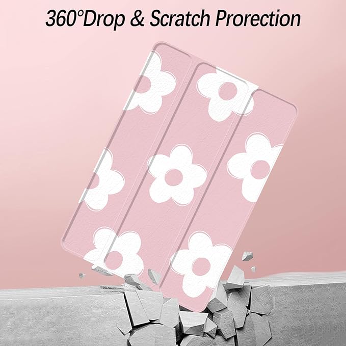 Case for iPad Pro 11-Inch M5/M4 2025/2024 (6th/5th Generation), Case with Pencil Holder, Clear Back Cover Cute Cool Design for Women Girls, Auto Sleep/Wake, Pink White Flower