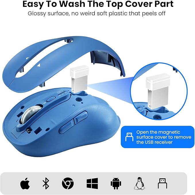 Wireless Bluetooth Mouse Rechargeable,USB+BT×2,Multi Device Quiet Ergo Computer Mouses,Metal 4-Way Super Scrolling,± 3200 DPI,10 Button,Plug&Play,Cordless Mice for Laptop,Tablet,Mac,iPad,PC,Phone-Blue