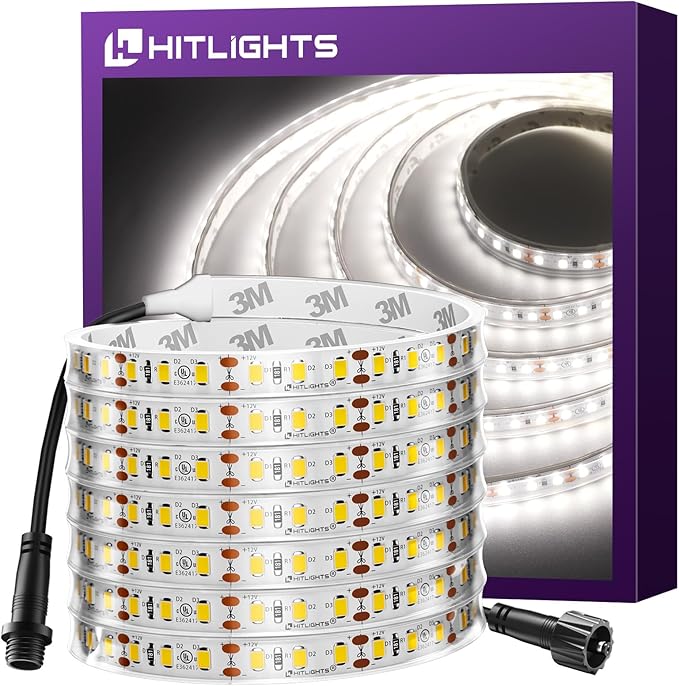 Outdoor LED Strip Lights Waterproof White, 16.4ft High Density Dimmable Tape Light 5000K, IP67, 600 LEDs, 300Lm/ft, 12V Flexible Rope Lights for Home, Balcony, Roof, Patio(Power Source Not Included)
