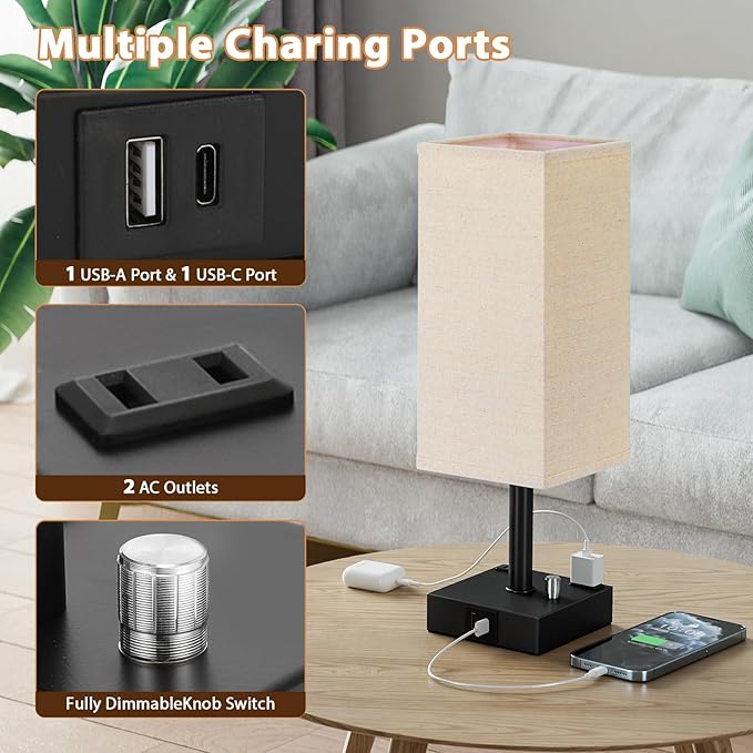 aooshine Fully Dimmable Nightstand Lamps Set of 2 - Table Bedside Lamp with USB C+A Charging Ports & 2 AC Outlets, Square Lamp Sets Linen Fabric Shade for Bedroom Living Room(Bulb Included)