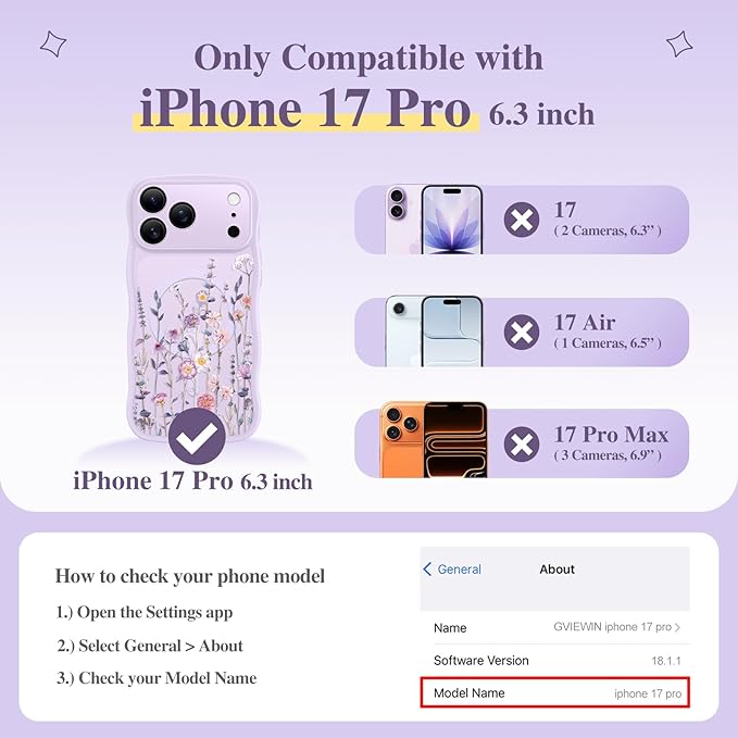 GVIEWIN for iPhone 17 Pro Case Compatible with MagSafe [Curly Wave Edge][Full Camera Protection] Floral Translucent Shockproof Magnetic Women Phone Case for iPhone 17 Pro 6.3'', Floratopia/Purple