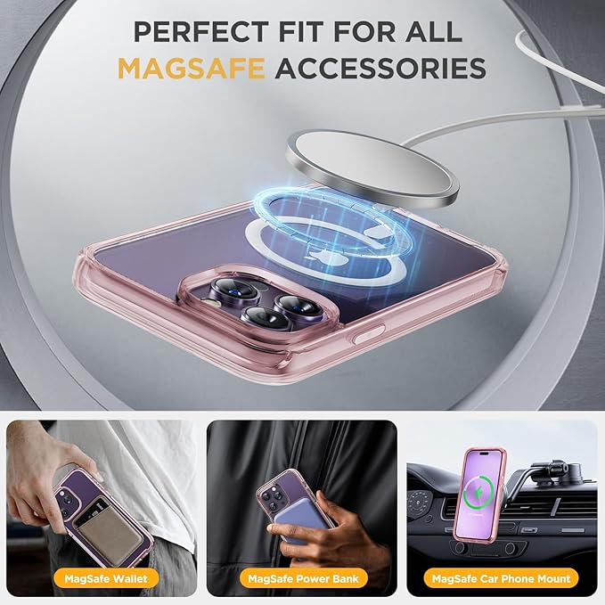Miracase Magnetic for iPhone 14 Pro Case 6.1 inch, (Compatible with MagSafe) Upgrade Full-Body Clear Phone Bumper Case with Built-in 9H Tempered Glass Screen Protector, Magnetic Clear Pink
