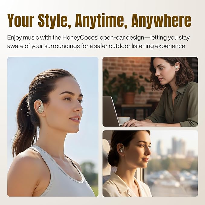 Wireless Earbuds with Ear Hooks, Over Ear Bluetooth Earbuds, Secure Fit, 60H Playtime, LED Display, IPX5 Waterproof (Beige)