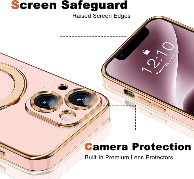 Compatible with iPhone 14 Plus Case with Magnetic Ring Stand [Compatible with Mag-Safe] [Full Camera Lens Protector] Soft Plating Phone Case for iPhone 14 Plus 6.7", Solid Pink