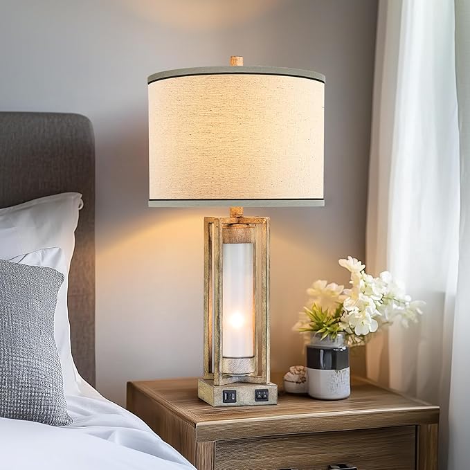 25" Set of 2 Farmhouse Table Lamps for Living Room with USB A+C Ports, Rustic Nightstand Lamp with White Night Light, Vintage Desk Lamp for Entryway Bedroom End Table, 4 Bulbs Included