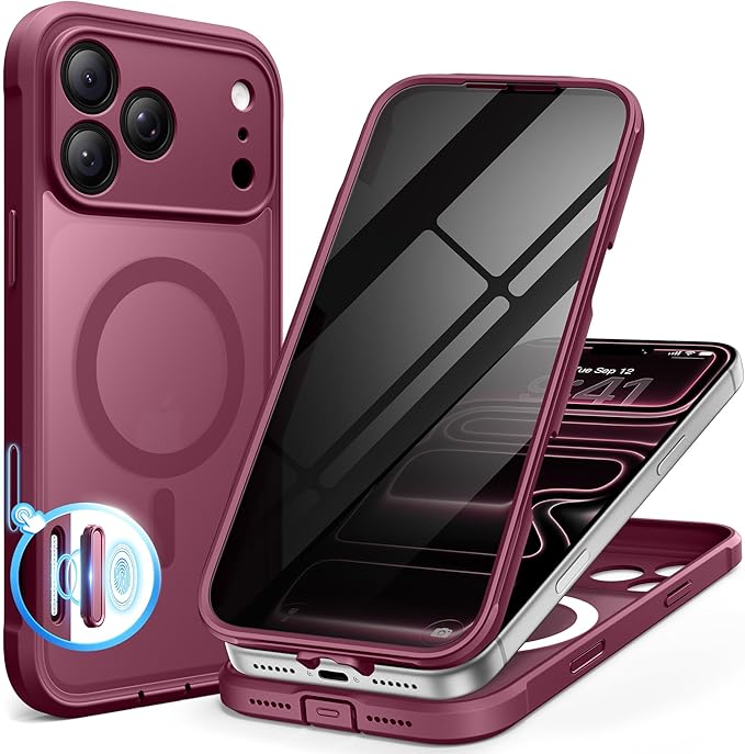 BERFY for iPhone 17 Pro Max Case, Compatible with MagSafe, Built-in Privacy Screen Protector, Camera Protection, Shockproof Full Body Phone Case 6.9", Translucent Deep Red