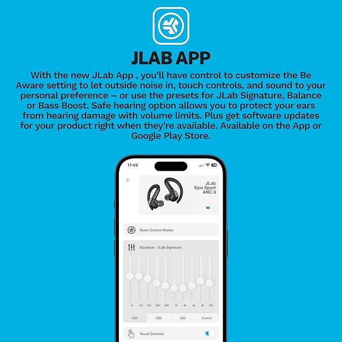 JLab, Epic Air Sport ANC 3, True Wireless Earbuds, Active Noise Cancelling, Bluetooth, Sport, Black