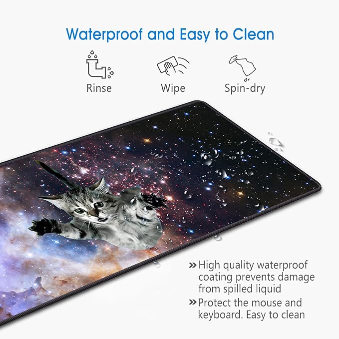 Desk Pad Mat Gaming Mouse Pads with Coasters Set, Stitched Edges Design Mouse Pad XXL Large Mouse Pad for Laptop Computers Galaxy Fly Cat Desk Writing Mat for Office & Home 31.5x 11.8