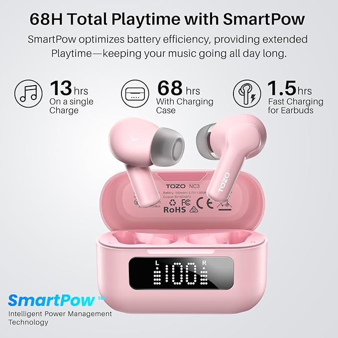 TOZO Hybrid Active Noise Cancelling Wireless Earbuds with 6 Mics AI Clear Call Ear Buds 68H Playtime with LED Display 32 Preset EQs via APP Bluetooth 5.3 IPX8 Waterproof in Ear Headphones