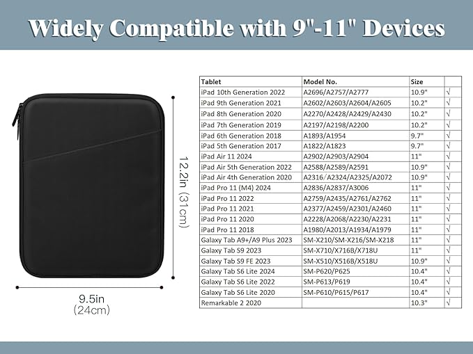 TiMOVO 9-11" Tablet Sleeve Bag for iPad 11-inch A16 2025, iPad 10.9"/10.2"| Air 11 Inch/5th/4th Gen. 10.9", Galaxy Tab A9+/A11Plus 11", Protective Bag with Pocket, Black