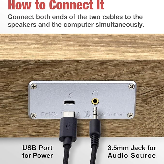 MICA Computer Speakers, Vintage Wired Computer Sound Bar, Retro Wooden Mini Soundbar, USB Powered PC Speakers for Desktop Monitor, Laptop, Tablet, 3.5mm Aux Connection, Angled (Yellow)