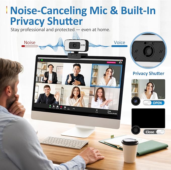 4K Webcam for Loptop, Web Camera with Light, AI PDAF AutoFocus, Zoom, Noise Canceling Microphone for PC Mac Streaming