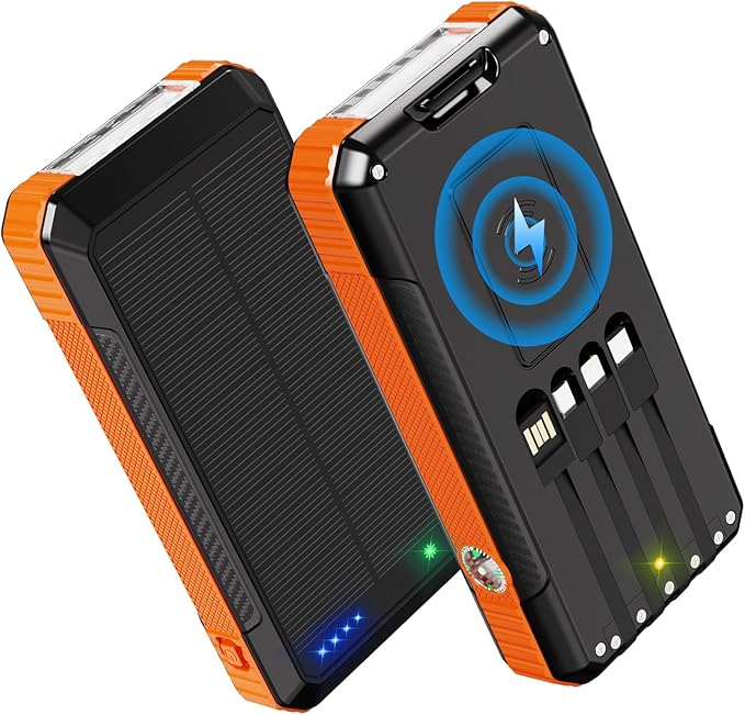 Solar Charger Power Bank 49800mAh, Portable Phone wireless Charging Built-in 4 Cables 22.5W Fast Charging,Type-C input/Output Port Solar Panel Charger with Flashlights&Compass for Camping（Orange)