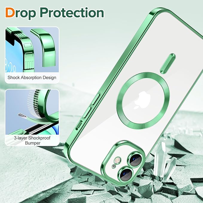 Hython Magnetic Clear for iPhone 11 Case with Camera Lens Protector [Compatible with MagSafe] Luxury Plating Edge Slim Soft TPU Cover Protective Phone Case for iPhone 11 6.1", Light Green