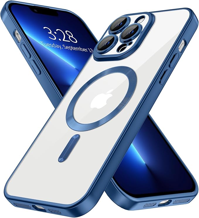 Hython Magnetic Clear for iPhone 13 Pro Max Case with Camera Lens Protector [Compatible with MagSafe] Plating Edge Slim Soft TPU Cover Protective Phone Case for iPhone 13 Pro Max, Matte Deep Blue