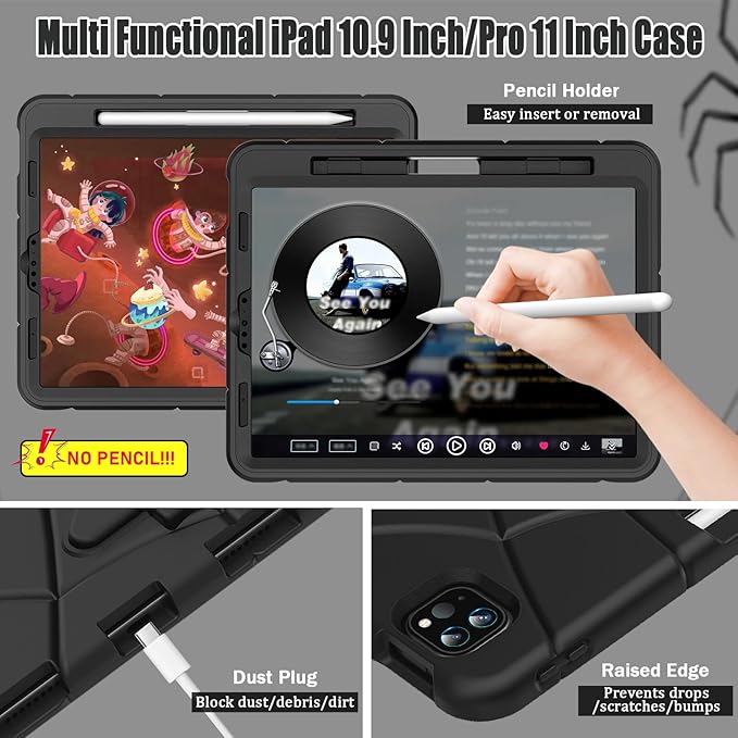 AKABEILA Compatible with Apple iPad Pro 11 inch(2018)/Apple Air 4 10.9(2020)/Air 5 10.9(2022)/Air 6 M2 (2024)/Air 7 M3 (2025) Tablet Case，Cover with Kickstand for Kids Children Boys Babies Black