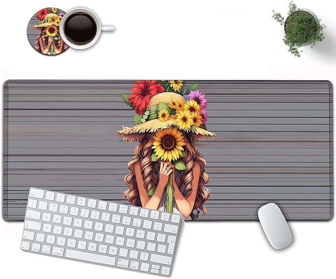 Large Mouse Pad, 31.5 x 11.8in Extended Gaming Mouse Pad with Stitched Edges, XXL Mousepad Protector Non Slip Rubber Base for Office and Home Writing Mat, Sunflower Girl Pattern Desk Mat
