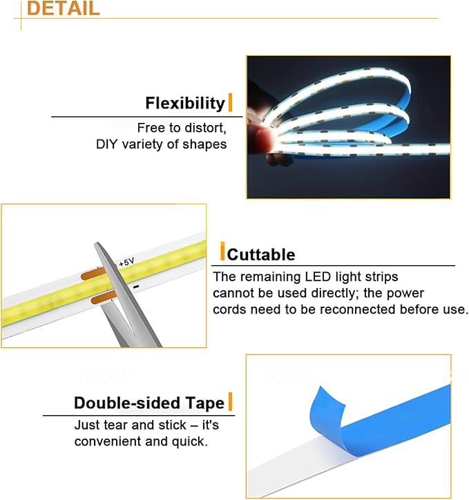 5V USB LED Strip Lights 6.56FT, 3Key COB Light Strip White, Short LED Strip Light, Flexible Bright for Under Cabinet, Kitchen, TV Backlight, Shelves, Displays and TV Lights