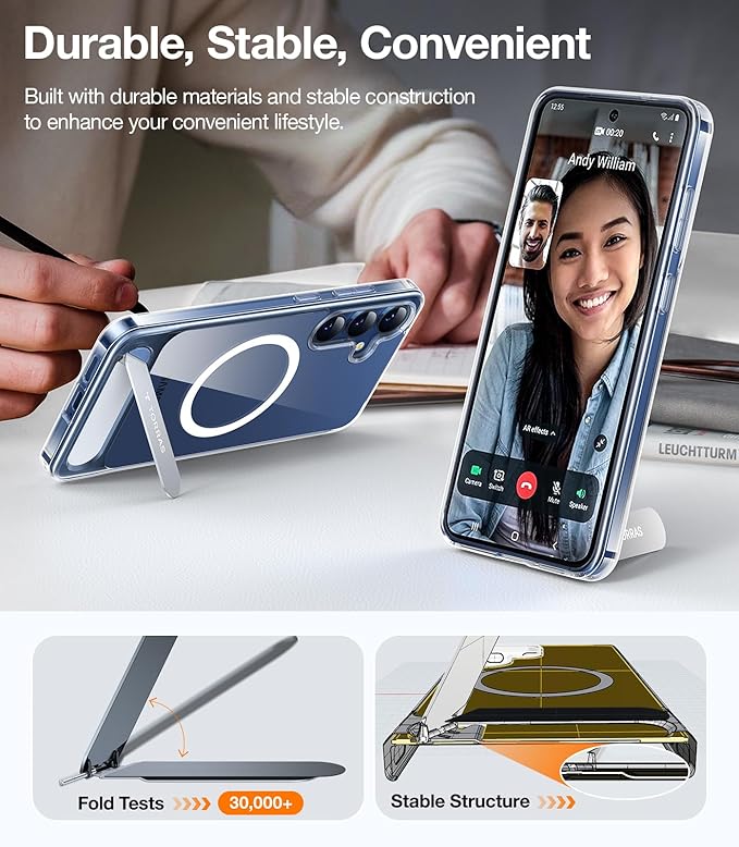 TORRAS Strong Magnetic & Seamless Stand for Samsung Galaxy S25 Case, Fit for MagSafe, Mil-Grade Drop Protection, Adjustable Kickstand for Samsung Galaxy S25 Case, Anti-Yellowing Diamond Clear