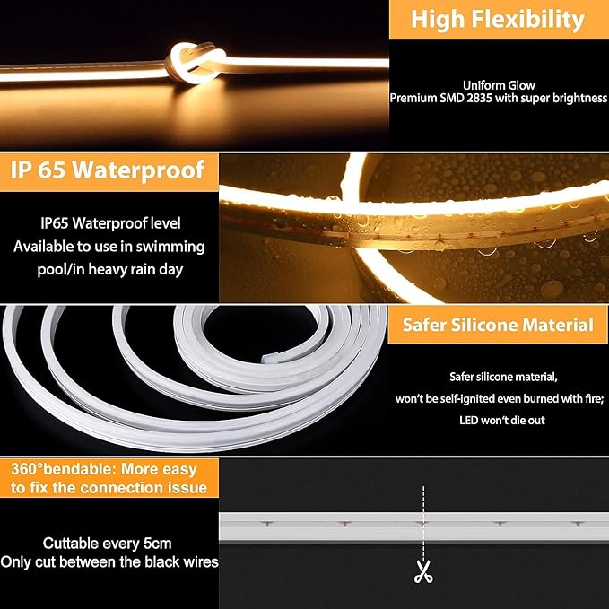 Lamomo LED Neon Lights, 32.8Ft Warm White Dimmable Led Rope Flex, 24V Waterproof LED Strip Lights, Silicone 3000K Neon Strip Lighting for Bedroom Indoor Home Decor