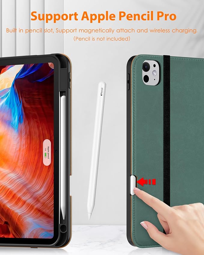 DTTO for iPad Pro 11 inch Case (M5/M4) 2025/2024, Premium Leather Business Folio Stand Cover with Pencil Holder - Auto Wake/Sleep and Multiple Viewing Angles, Midnight Green